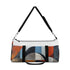 Geometric chaos duffel bag with abstract multi-color shapes design.