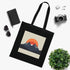 Minimalist black cotton tote bag with Alpine mountain sunrise design.