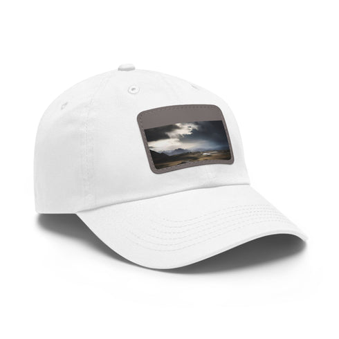 Icelandic Adventure Snapback Cap in White with Light Brown Patch landscape.