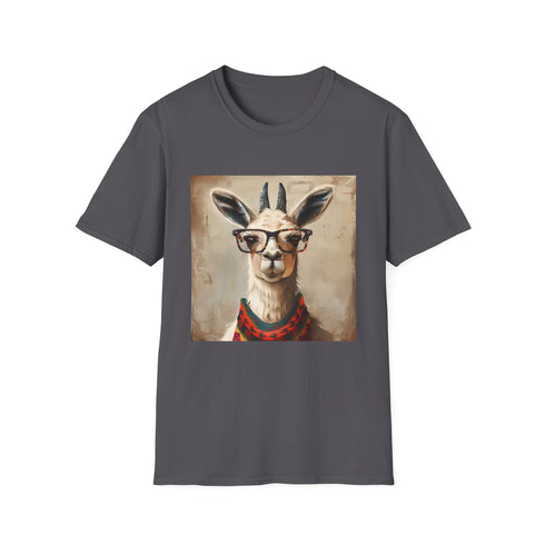 Charcoal cotton T-shirt with whimsical bookish llama reading graphic