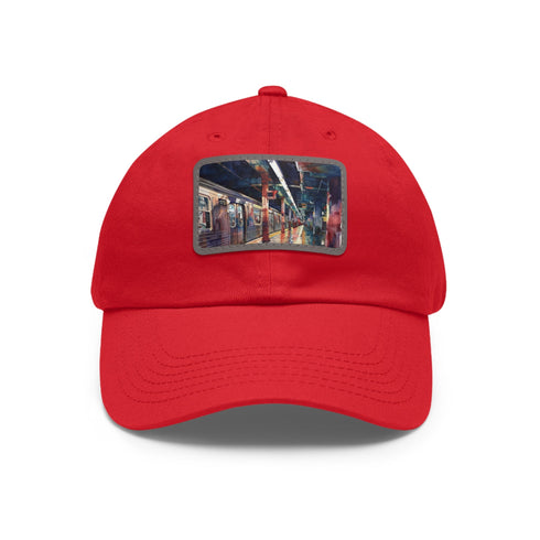 Watercolor NYC subway sunset baseball cap with light brown patch.