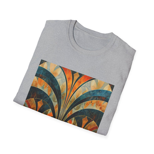 Charcoal cotton T-shirt with vibrant art deco abstract patterns
