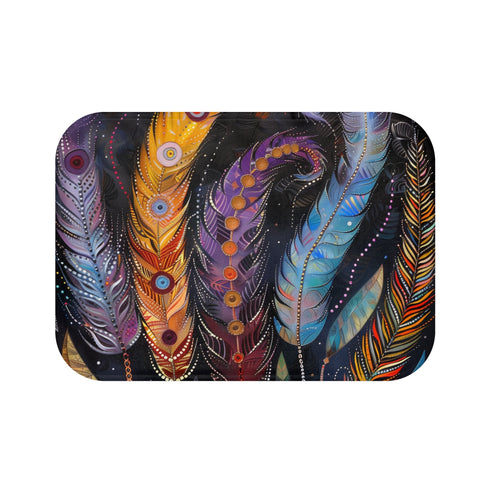 Bohemian-inspired bath mat with flowing feather design, earthy hues, 24"x17".