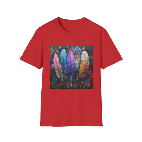 Charcoal cotton T-shirt with vibrant bohemian feather pattern for summer adventures