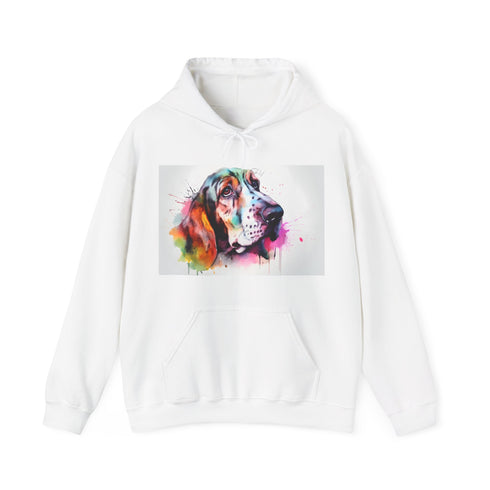 Snuggle-Love Basset watercolor hoodie in navy, unisex S size.
