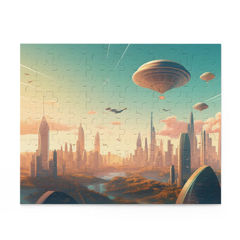 Futuristic cityscape puzzle with flying cars and skyscrapers.