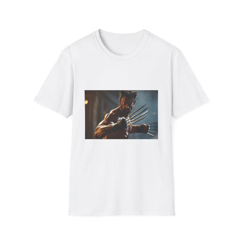 Charcoal crew neck Wolverine watercolor T-shirt showcasing Hugh Jackman's fierce claws