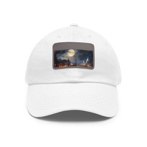 Stylish London Night baseball cap in white with light brown patch.
