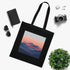 Modern black cotton tote bag with mountain peaks design.