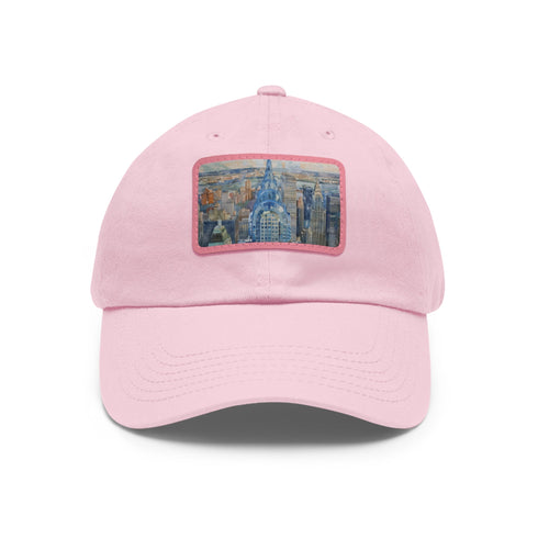 Cityscape watercolor baseball cap in white with light brown rectangular patch.