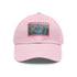 Cityscape watercolor baseball cap in white with light brown rectangular patch.
