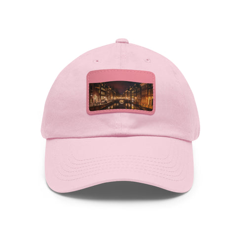 White cotton baseball hat featuring Amsterdam Canals scene, unisex style.