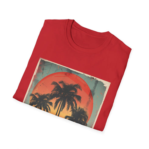 Palm Paradise: Retro Sunset Escape T-Shirt in Charcoal, size Small.