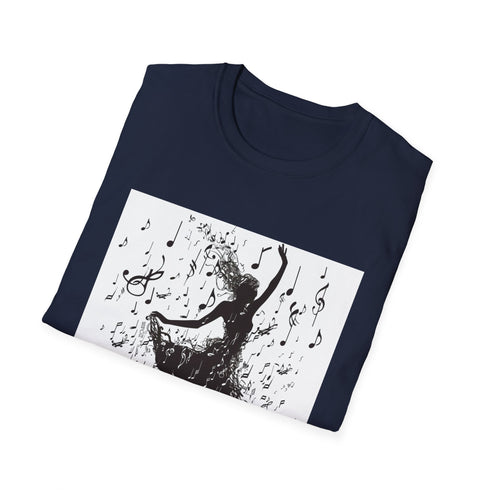 Charcoal t-shirt with dancer silhouette and musical notes pattern