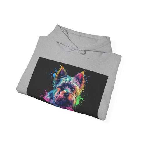 Yorkie Happiness Watercolor Hoodie in Navy, size S.