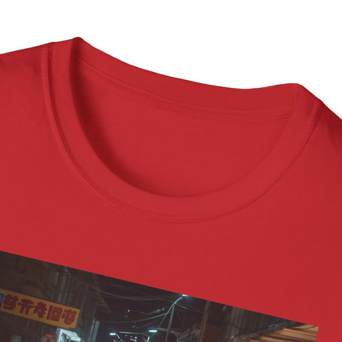 Charcoal cotton T-shirt with vibrant Asian night market design