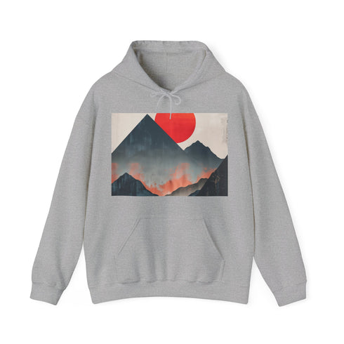 Serene sunrise navy hoodie with minimalist mountain design.
