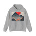 Serene sunrise navy hoodie with minimalist mountain design.