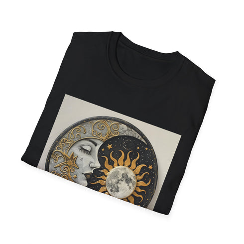 Charcoal cotton t-shirt with intricate mandala sun and moon pattern