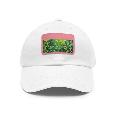 Summery foliage vegan cotton baseball cap with light brown patch.