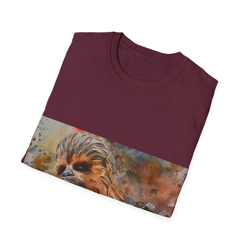 Chewbacca watercolor tee in charcoal, crew neck, Star Wars design.