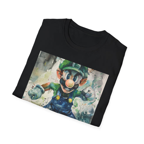 Charcoal crew neck cotton T-shirt with vibrant Luigi Green Thunder design