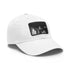White Dua Lipa singing snapback hat with light brown patch.
