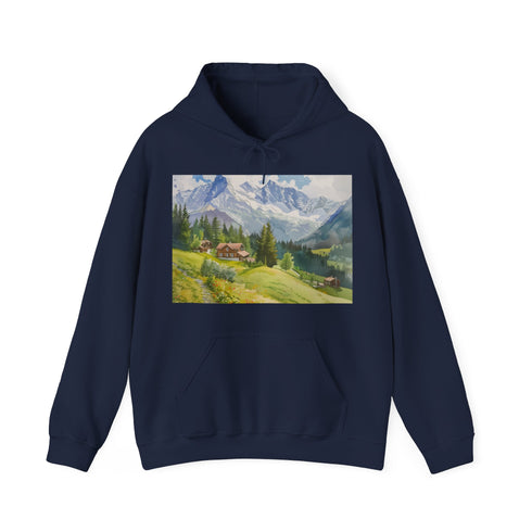 Swiss Alps watercolor hoodie in navy, size small.