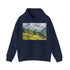 Swiss Alps watercolor hoodie in navy, size small.