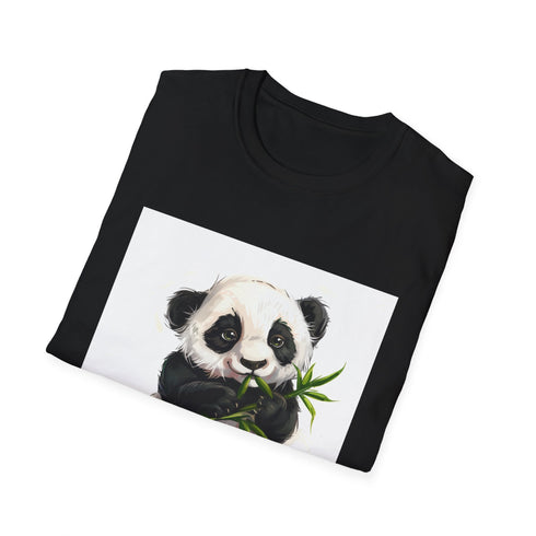 Charcoal bamboo graphic t-shirt with cuddly panda eating appealing fresh bamboo