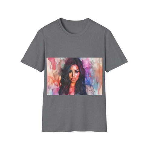 Kim Kardashian watercolor tee in charcoal, regular fit, trendy summer style.