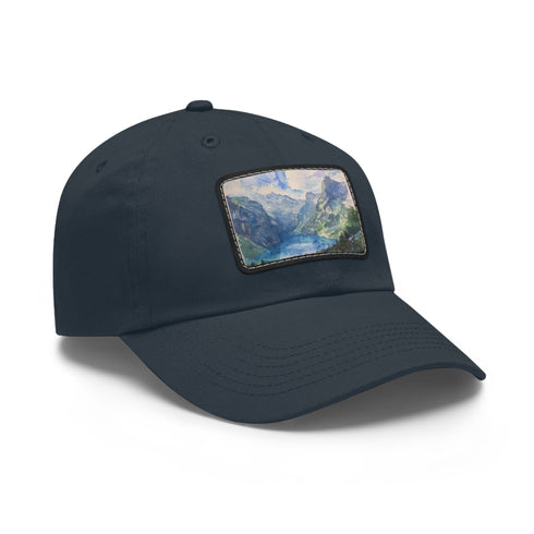 Swiss Alps watercolor baseball cap, white with light brown patch.