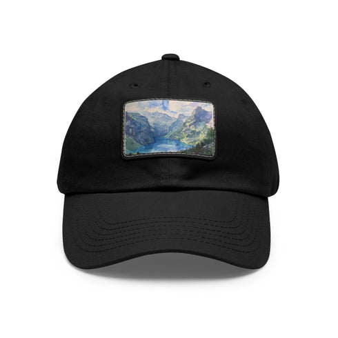 Swiss Alps watercolor baseball cap with white/light-brown rectangle design.
