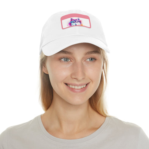 White baseball hat with cute husky design, rectangle shape.