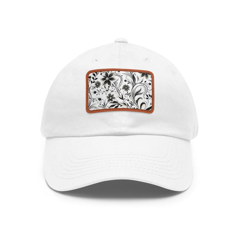 Monochrome baseball cap with repeating pattern design, white/light brown patch.