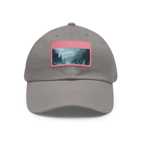 White cotton baseball cap with mystical landscape design.