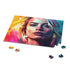 Neon watercolor Margot Robbie puzzle featuring vibrant colors and captivating beauty.