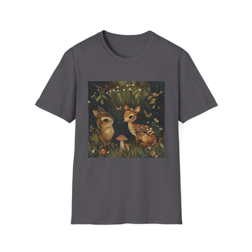 Charcoal crew neck t-shirt featuring woodland creatures in vibrant forest setting