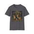 Charcoal crew neck t-shirt featuring woodland creatures in vibrant forest setting
