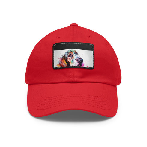 Stylish white baseball cap with cute basset hound patch.
