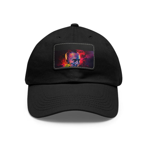 Neon baseball cap with Robert Oppenheimer watercolor design in white.