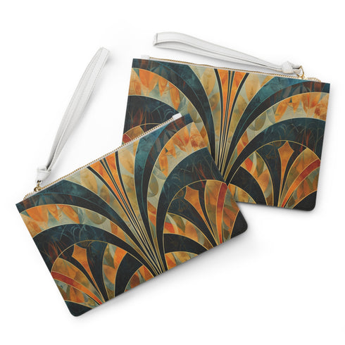 Artistic black and gold art deco clutch bag with bold patterns.