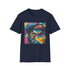 Red abstract street art t-shirt with bold lines and vibrant colors.