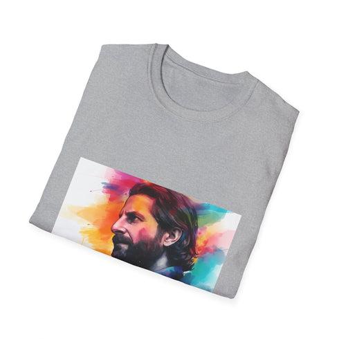 Charcoal cotton crew neck T-shirt with vibrant watercolor Bradley Cooper design