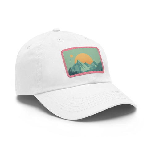 Stylish white baseball cap with light brown mountain landscape patch