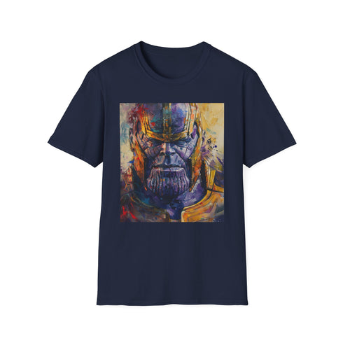 Charcoal cotton T-shirt featuring vibrant Thanos painting with crew neck design