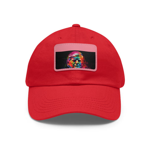 Neon Trump watercolor splatter cap with light brown patch, rectangle shape.