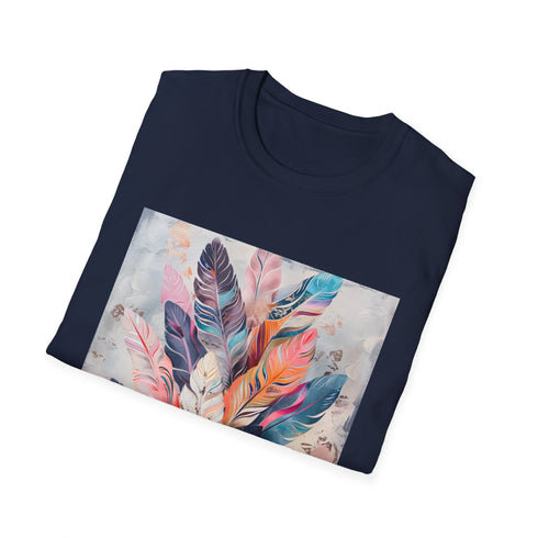 Charcoal cotton t-shirt with whimsical bohemian feather design