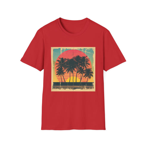 Palm Paradise Retro Sunset Escape T-shirt in Charcoal, size S.