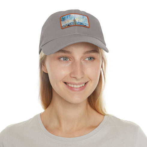 Empire Skyline Splendor Cap: White cotton hat with NYC watercolor design.